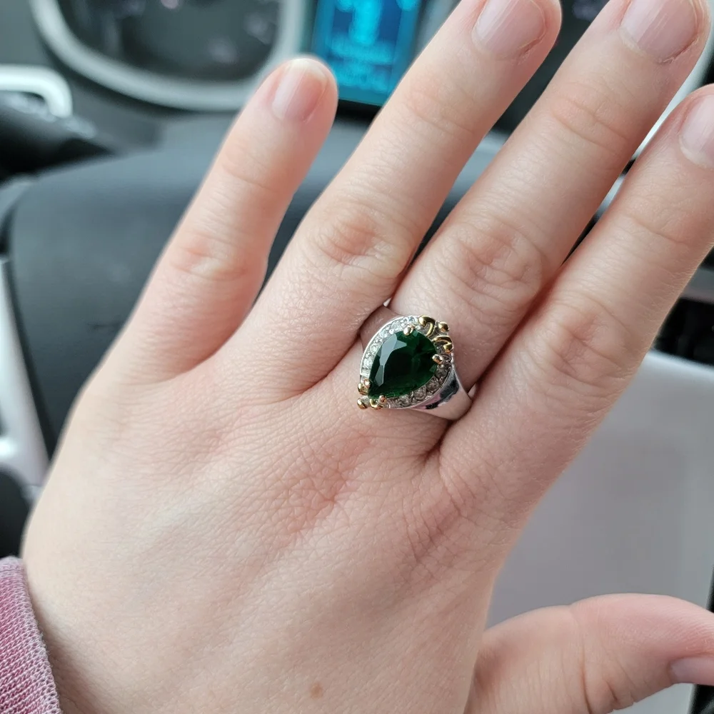 Emerald Teardrop Silver Ring Simulated Diamond Gemstone Gold Tone Accent sz 12